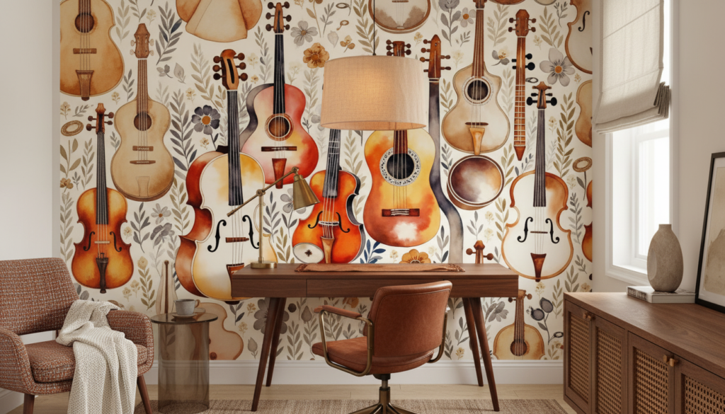Papier Peint Instruments de Musique Acoustiques et Fleurs Vintage - Bureau