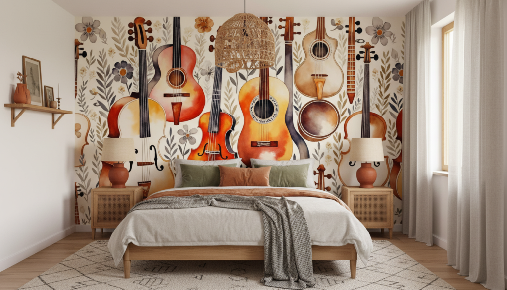 Papier Peint Instruments de Musique Acoustiques et Fleurs Vintage - Chambre adulte