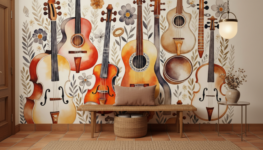 Papier Peint Instruments de Musique Acoustiques et Fleurs Vintage - Entrée