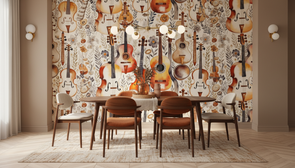Papier Peint Instruments de Musique Acoustiques et Fleurs Vintage - Salle à manger