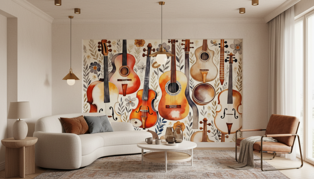 Papier Peint Instruments de Musique Acoustiques et Fleurs Vintage - Salon / Séjour