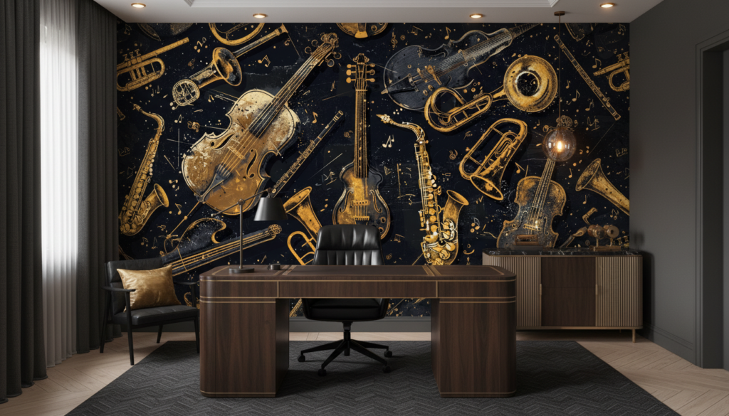 Papier Peint Instruments de Musique Dorés sur Fond Noir Vintage - Bureau