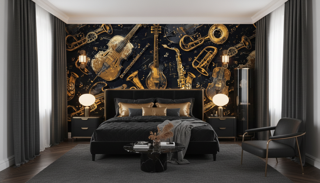 Papier Peint Instruments de Musique Dorés sur Fond Noir Vintage - Chambre adulte