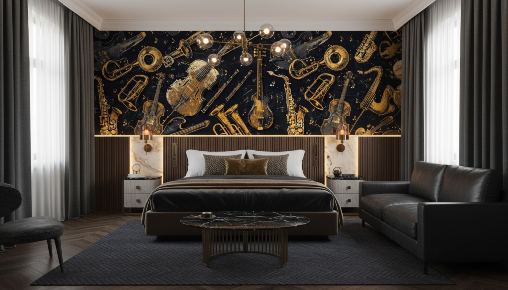 Papier Peint Instruments de Musique Dorés sur Fond Noir Vintage - Hôtel