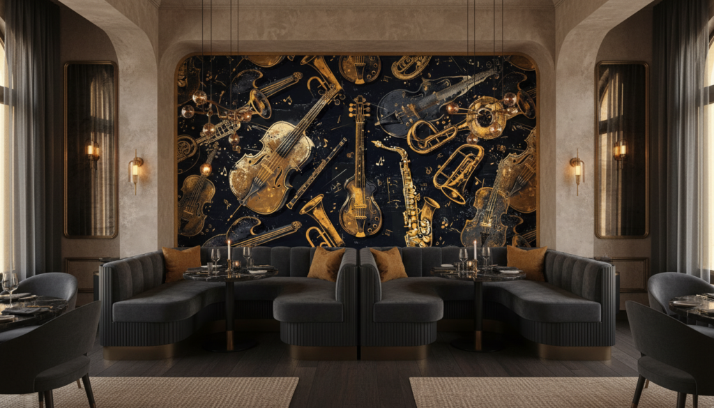 Papier Peint Instruments de Musique Dorés sur Fond Noir Vintage - Restaurant