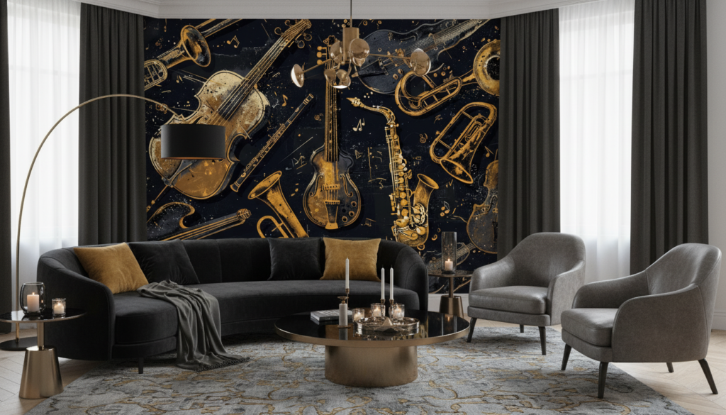 Papier Peint Instruments de Musique Dorés sur Fond Noir Vintage - Salon / Séjour