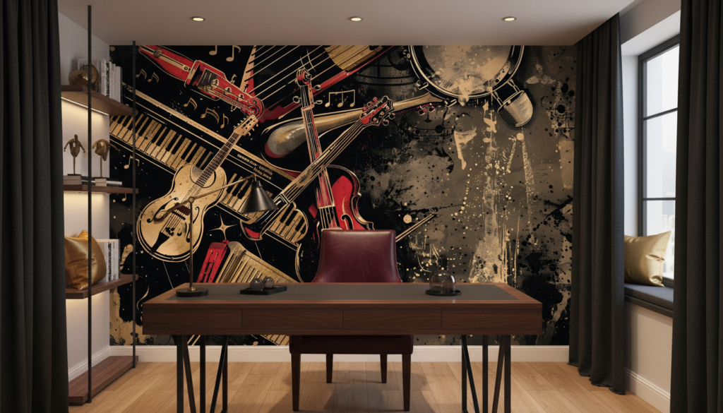 Papier Peint Instruments de Musique Vintage Style Jazz Grunge - Bureau