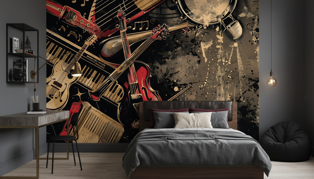 Papier Peint Instruments de Musique Vintage Style Jazz Grunge - Chambre ado