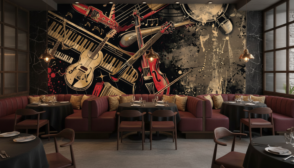 Papier Peint Instruments de Musique Vintage Style Jazz Grunge - Restaurant