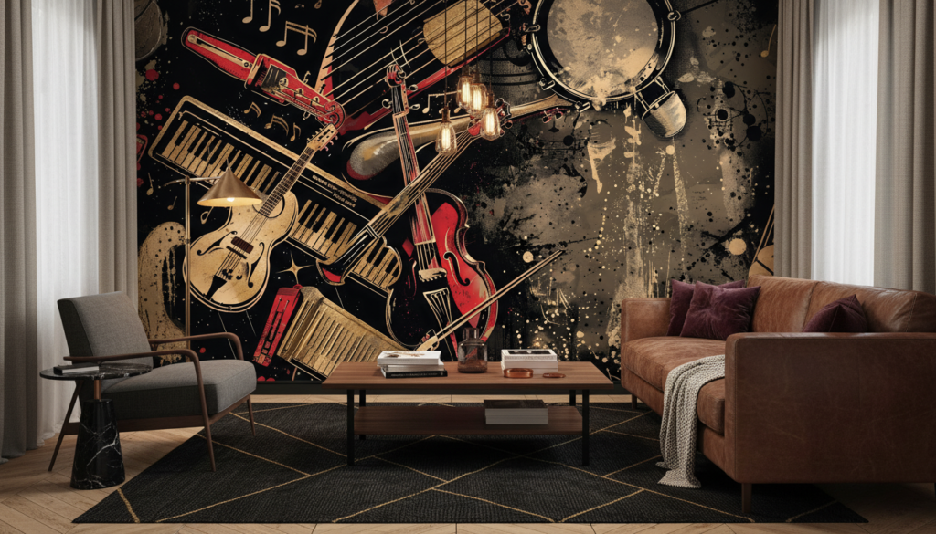 Papier Peint Instruments de Musique Vintage Style Jazz Grunge - Salon / Séjour