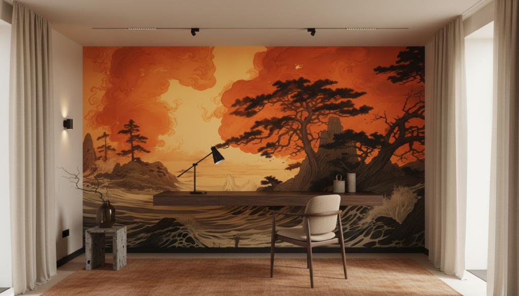 Papier Peint Japonais Vagues Dorées Coucher de Soleil - Bureau