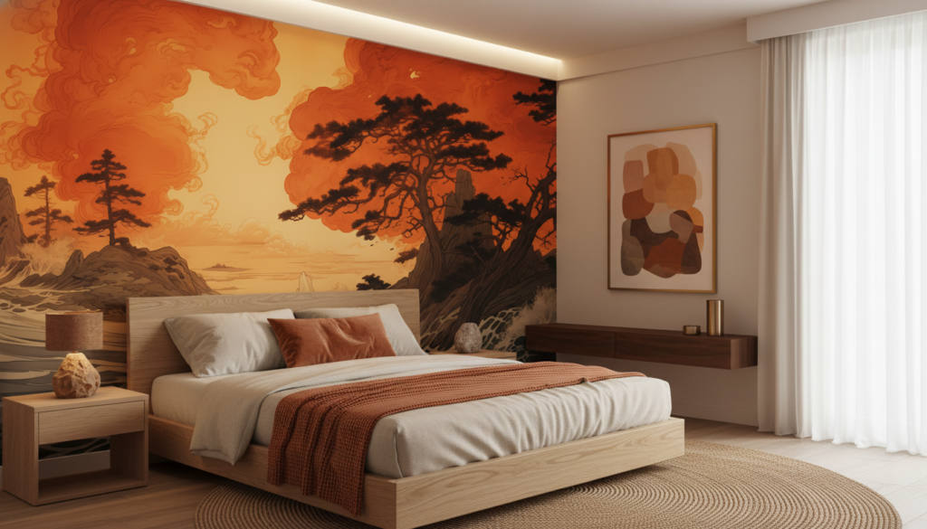 Papier Peint Japonais Vagues Dorées Coucher de Soleil - Chambre adulte