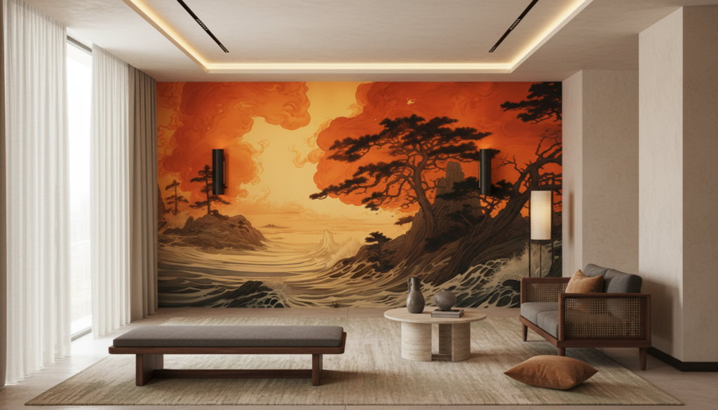 Papier Peint Japonais Vagues Dorées Coucher de Soleil - Hôtel