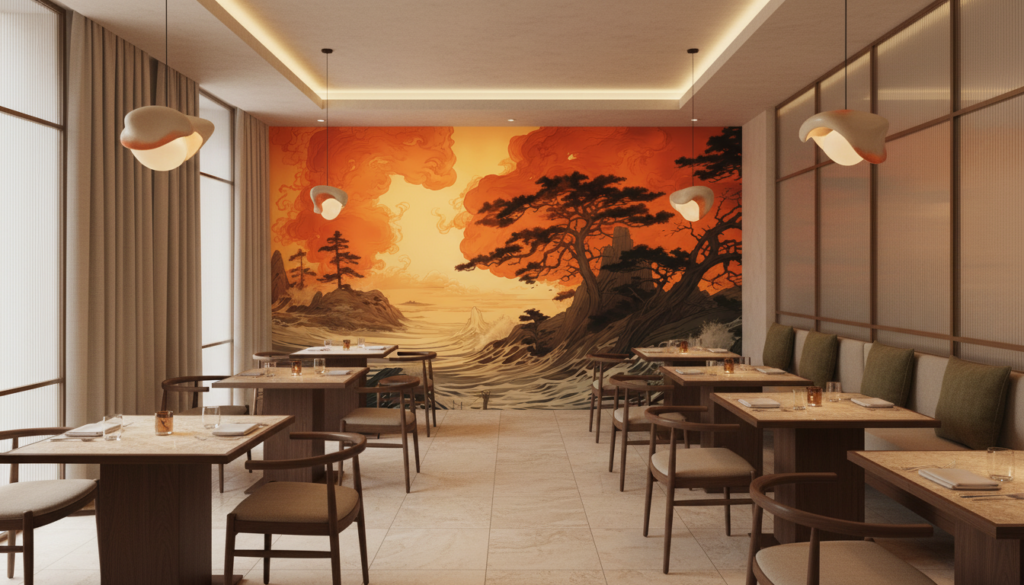 Papier Peint Japonais Vagues Dorées Coucher de Soleil - Restaurant