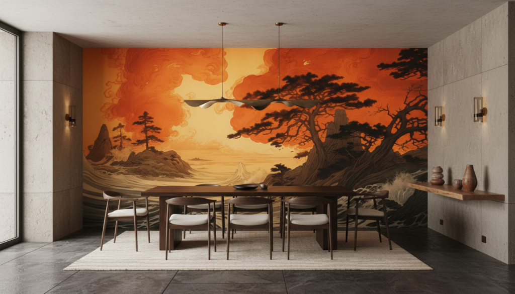 Papier Peint Japonais Vagues Dorées Coucher de Soleil - Salle à manger