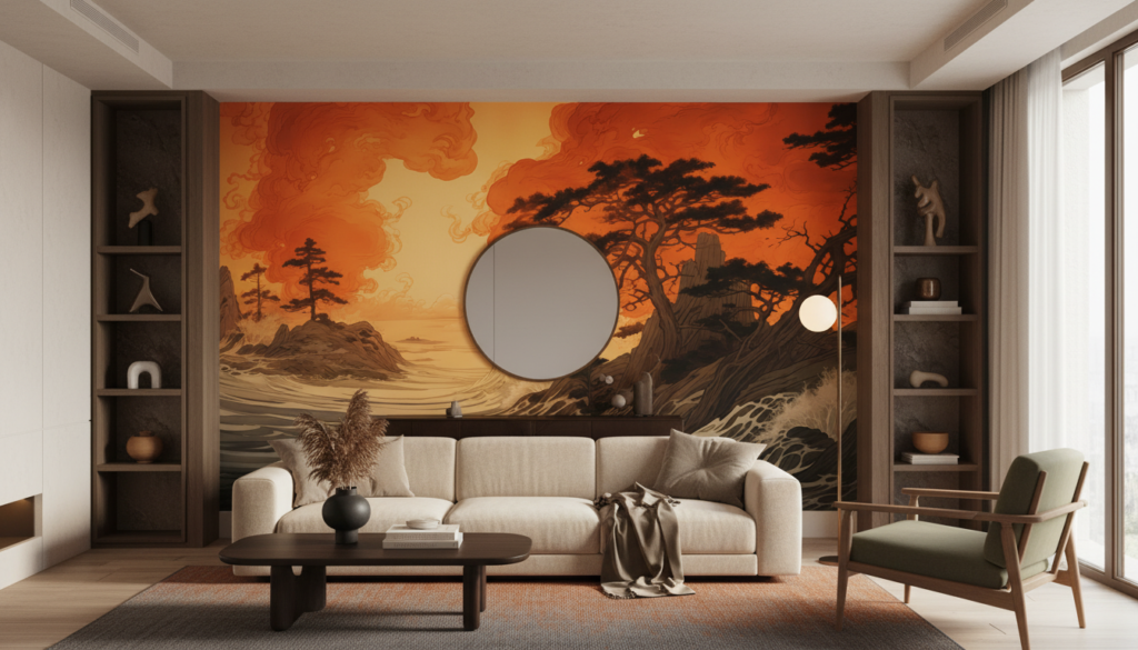 Papier Peint Japonais Vagues Dorées Coucher de Soleil - Salon / Séjour