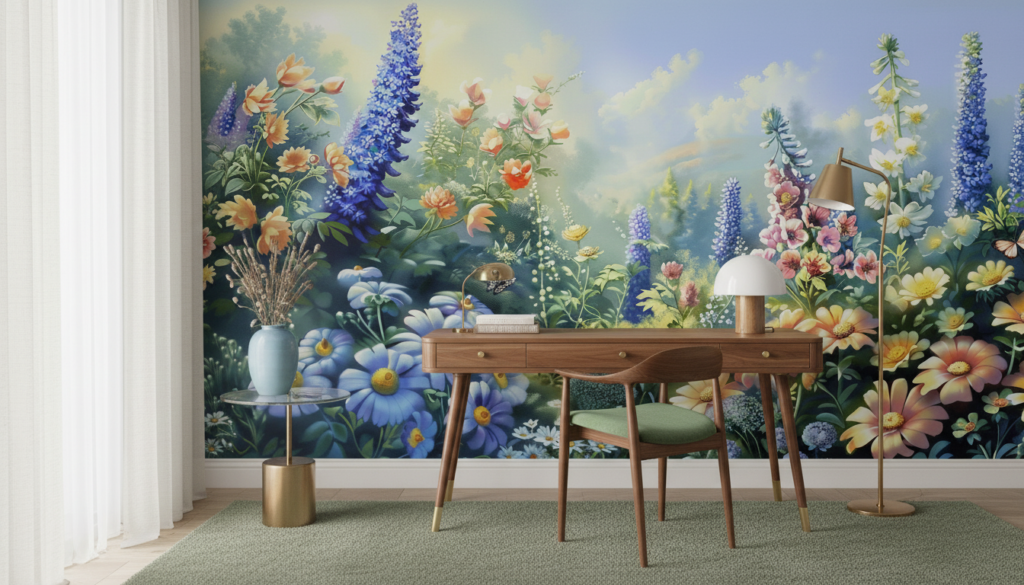 Papier Peint Jardin Enchanteur aux Fleurs Colorées et Papillons - Bureau