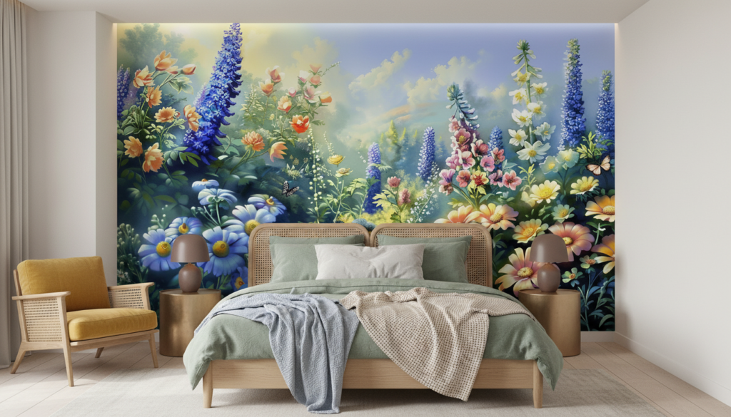 Papier Peint Jardin Enchanteur aux Fleurs Colorées et Papillons - Chambre adulte