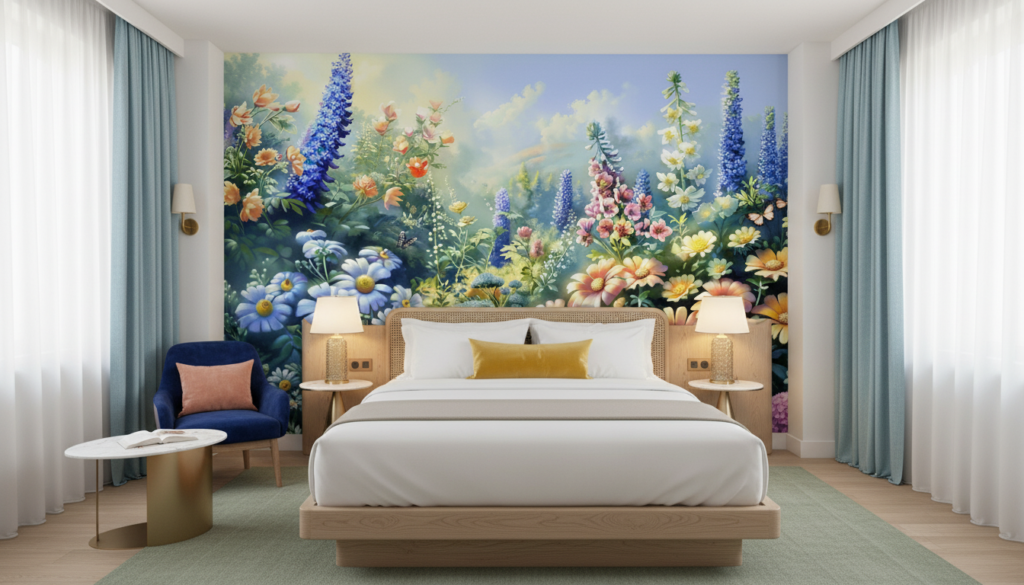 Papier Peint Jardin Enchanteur aux Fleurs Colorées et Papillons - Hôtel