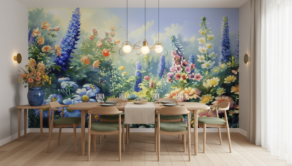 Papier Peint Jardin Enchanteur aux Fleurs Colorées et Papillons - Salle à manger