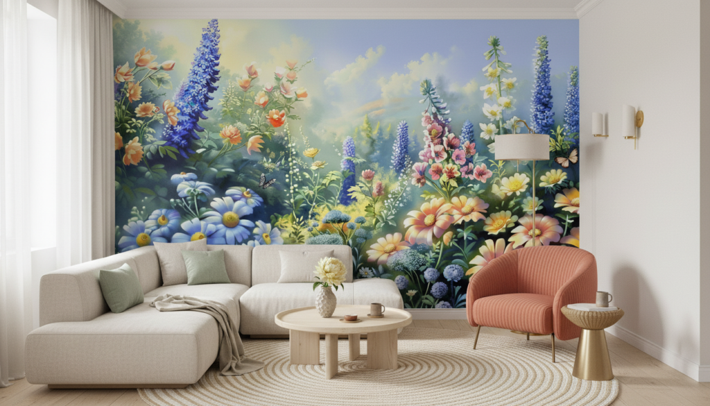 Papier Peint Jardin Enchanteur aux Fleurs Colorées et Papillons - Salon / Séjour