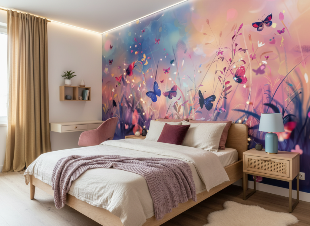 Papier Peint Jardin Féerique aux Papillons Multicolores et Lumière Dorée - Chambre ado