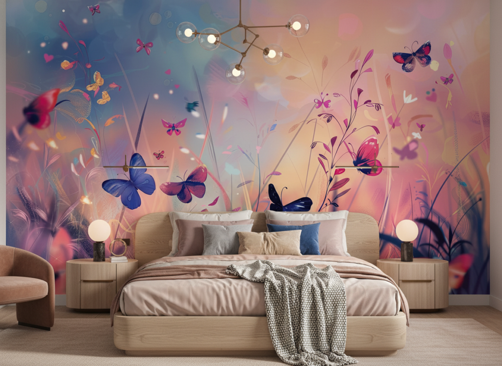 Papier Peint Jardin Féerique aux Papillons Multicolores et Lumière Dorée - Chambre adulte