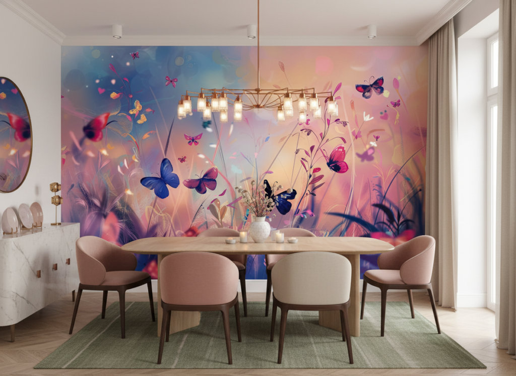 Papier Peint Jardin Féerique aux Papillons Multicolores et Lumière Dorée - Salle à manger