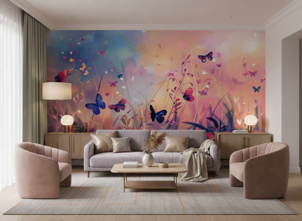 Papier Peint Jardin Féerique aux Papillons Multicolores et Lumière Dorée - Salon / Séjour