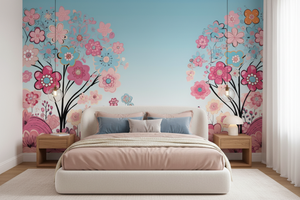 Papier Peint Jardin Fleuri Rose et Bleu Style Romantique - Chambre adulte