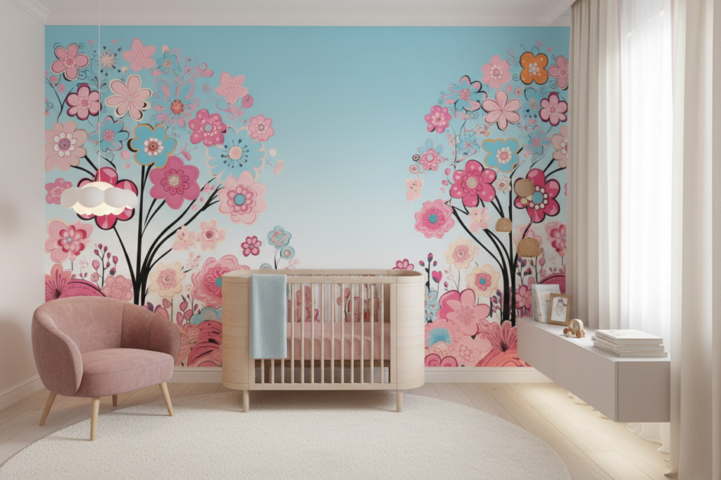 Papier Peint Jardin Fleuri Rose et Bleu Style Romantique - Chambre bébé