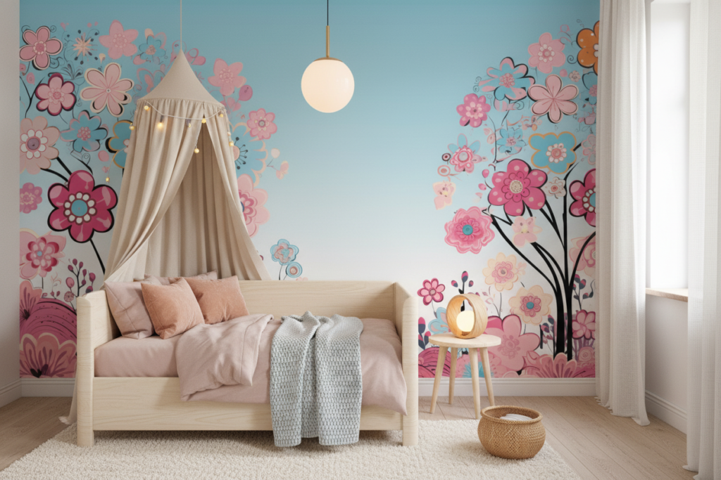 Papier Peint Jardin Fleuri Rose et Bleu Style Romantique - Chambre enfant