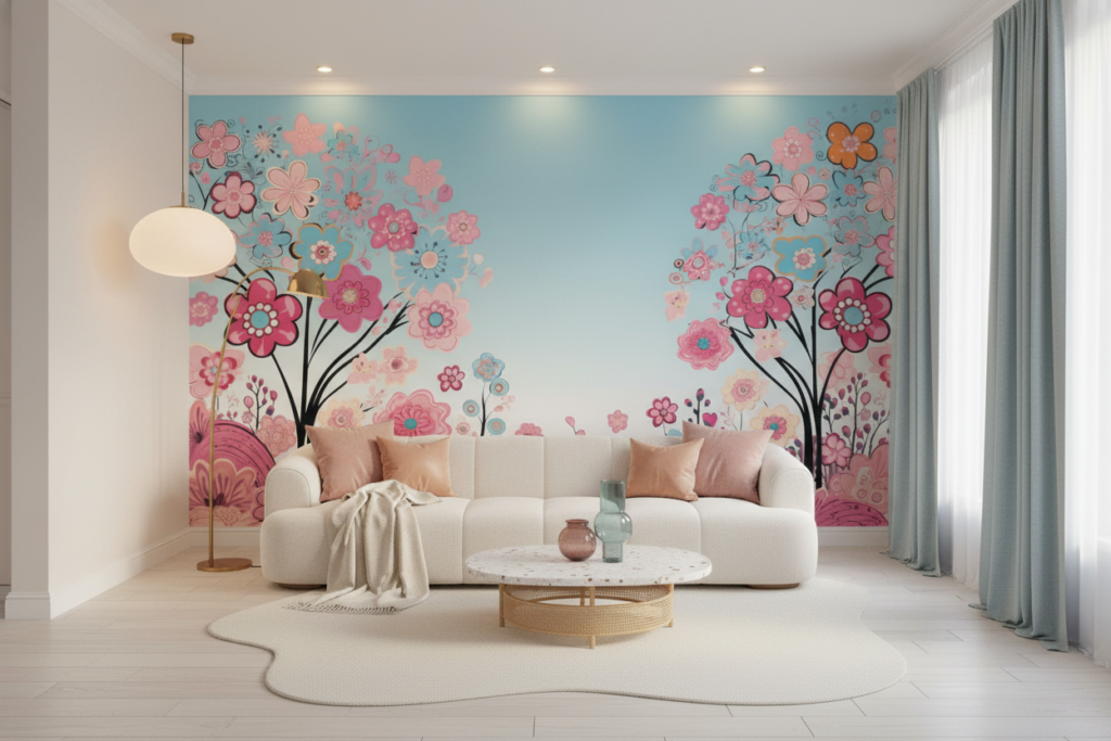 Papier Peint Jardin Fleuri Rose et Bleu Style Romantique - Salon / Séjour