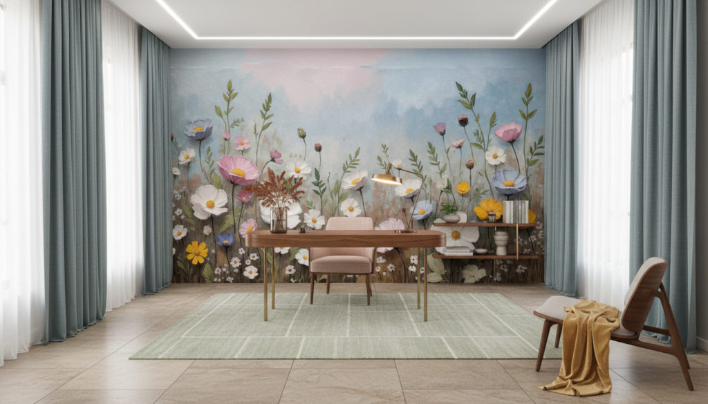 Papier Peint Jardin Sauvage aux Fleurs Cosmos Multicolores Aquarelle - Bureau