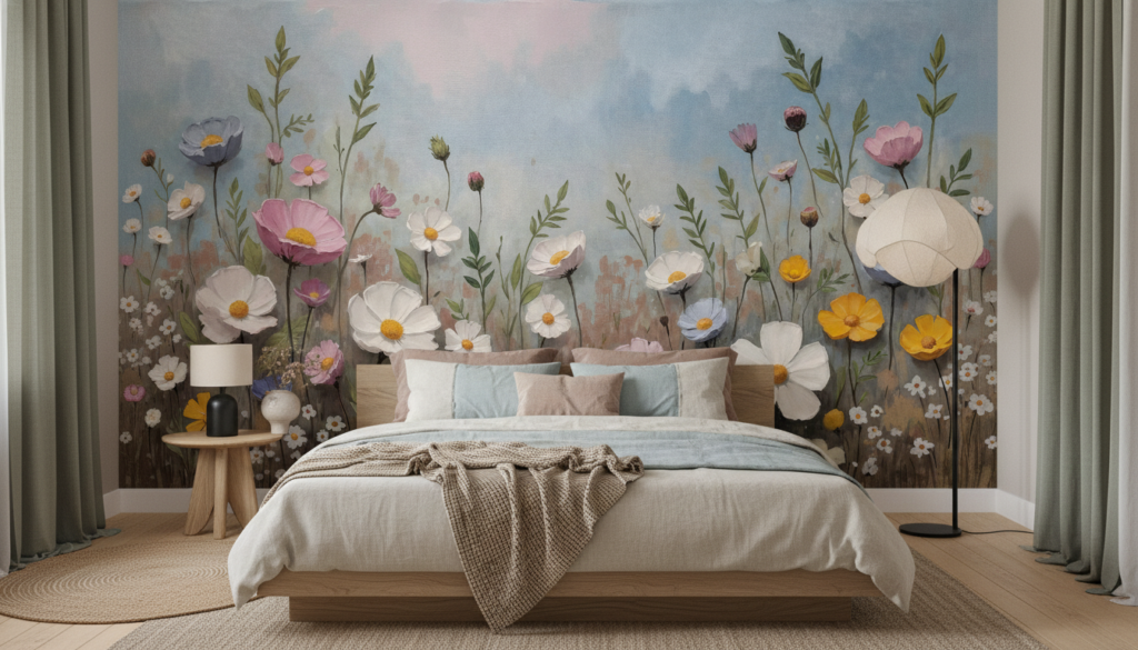 Papier Peint Jardin Sauvage aux Fleurs Cosmos Multicolores Aquarelle - Chambre adulte
