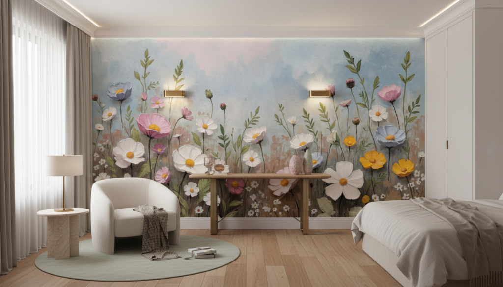 Papier Peint Jardin Sauvage aux Fleurs Cosmos Multicolores Aquarelle - Hôtel