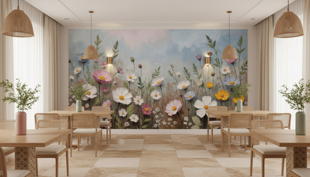 Papier Peint Jardin Sauvage aux Fleurs Cosmos Multicolores Aquarelle - Restaurant