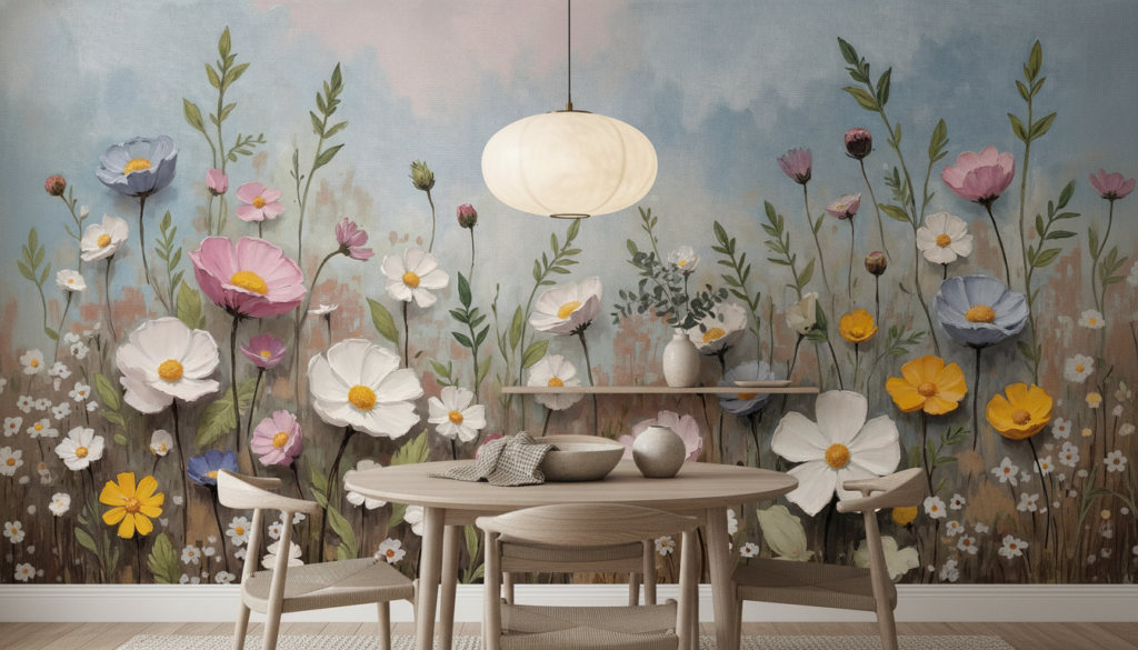 Papier Peint Jardin Sauvage aux Fleurs Cosmos Multicolores Aquarelle - Salle à manger