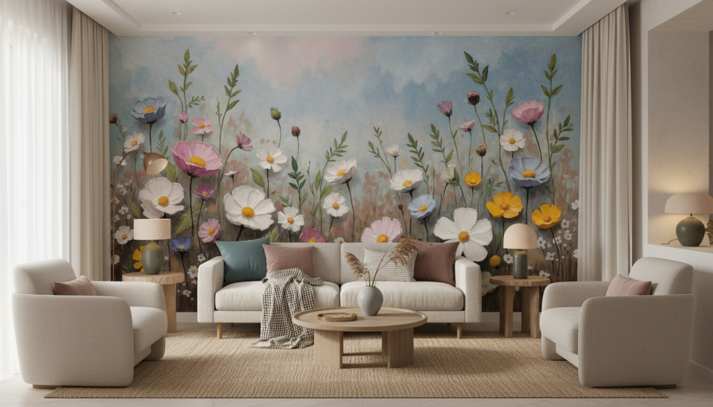 Papier Peint Jardin Sauvage aux Fleurs Cosmos Multicolores Aquarelle - Salon / Séjour