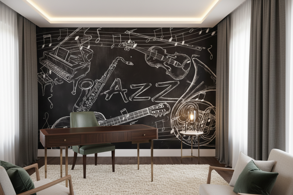 Papier Peint Jazz Musical Instruments Noir et Blanc Artistique - Bureau