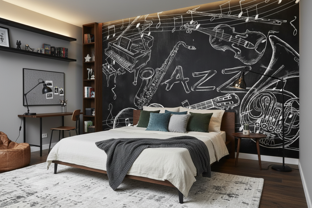 Papier Peint Jazz Musical Instruments Noir et Blanc Artistique - Chambre ado