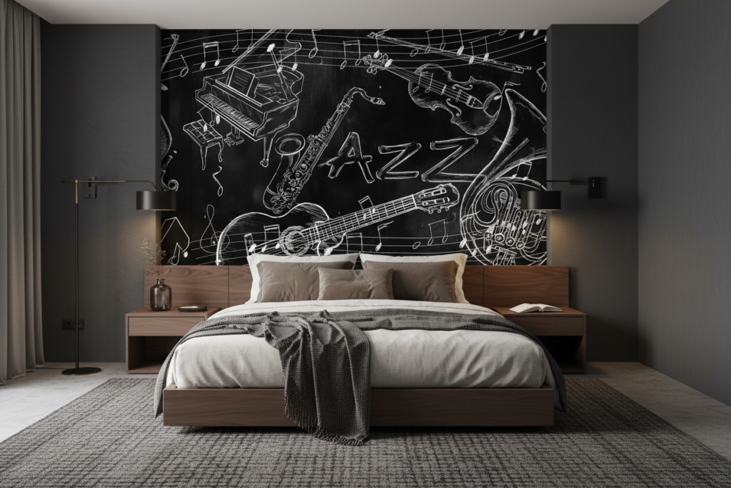 Papier Peint Jazz Musical Instruments Noir et Blanc Artistique - Chambre adulte