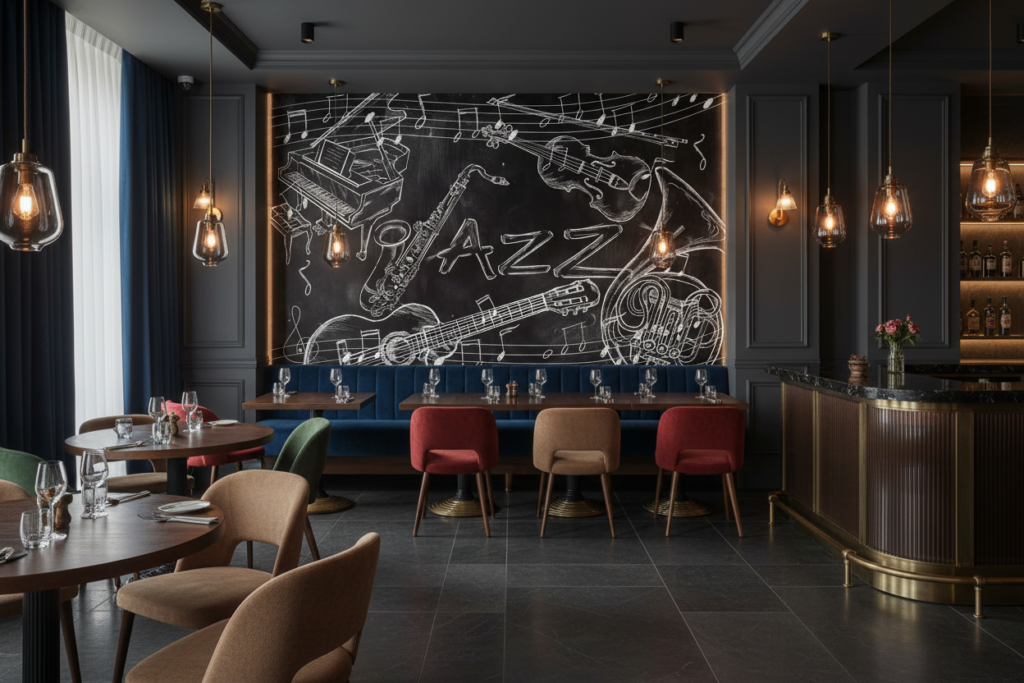 Papier Peint Jazz Musical Instruments Noir et Blanc Artistique - Restaurant