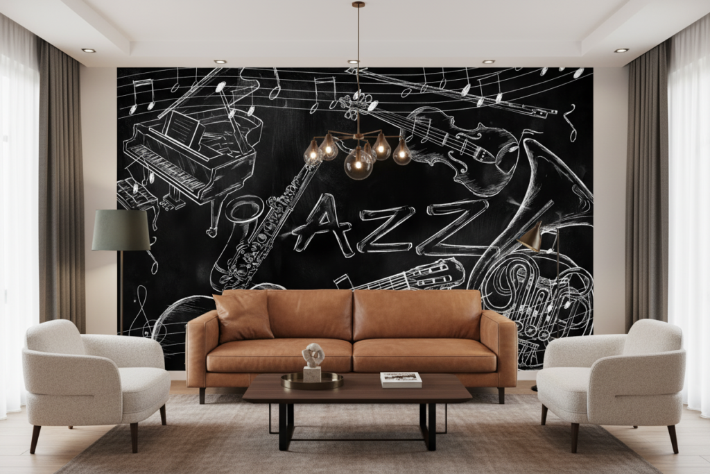 Papier Peint Jazz Musical Instruments Noir et Blanc Artistique - Salon / Séjour