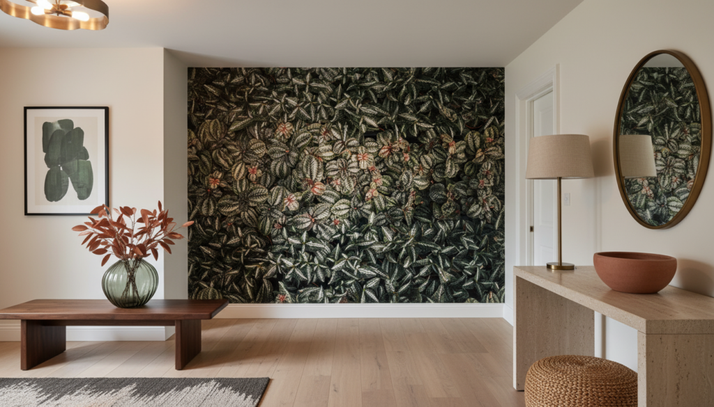 Papier Peint Jungle Tropicale aux Feuillages Luxuriants et Fleurs Corail - Entrée