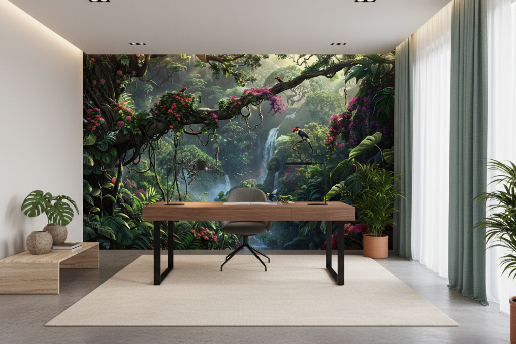 Papier Peint Jungle Tropicale avec Cascade et Oiseaux Exotiques - Bureau