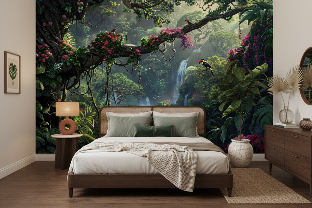 Papier Peint Jungle Tropicale avec Cascade et Oiseaux Exotiques - Chambre adulte