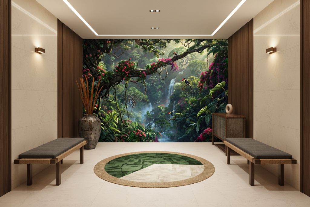 Papier Peint Jungle Tropicale avec Cascade et Oiseaux Exotiques - Entrée