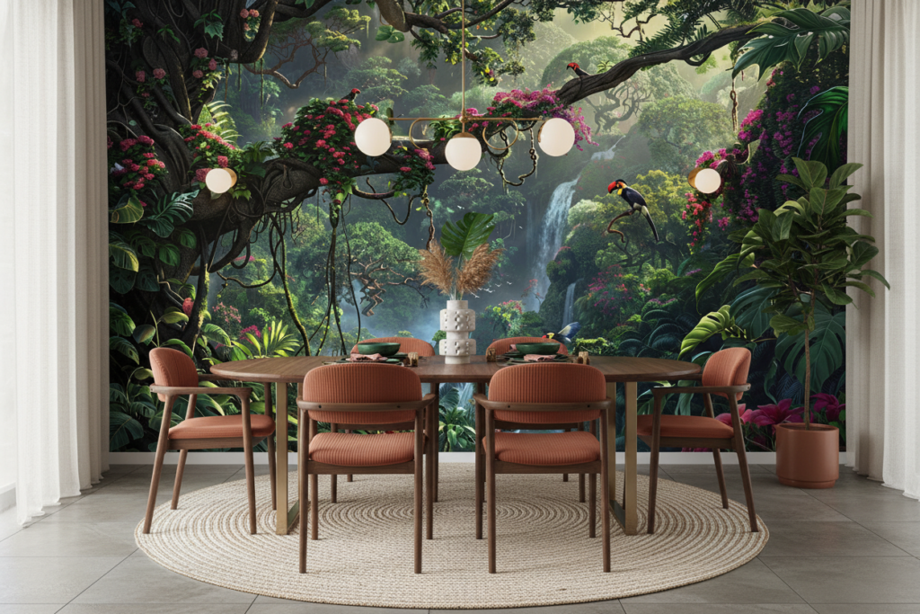 Papier Peint Jungle Tropicale avec Cascade et Oiseaux Exotiques - Salle à manger