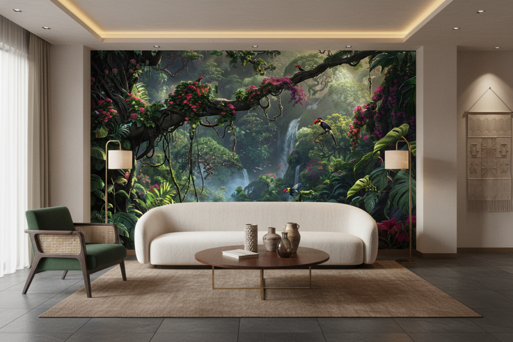 Papier Peint Jungle Tropicale avec Cascade et Oiseaux Exotiques - Salon / Séjour